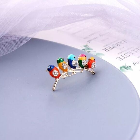 Enamel Glaze Bird Of Flock Crystal Gold Brooch - Picture 3 of 6